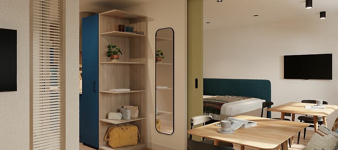 Das Yays 2.0 Designkonzept hat die niederländische Gruppe vor allem auch für vermehrte Büro-Konversionen entwickelt. © YAYS apartm with table and board