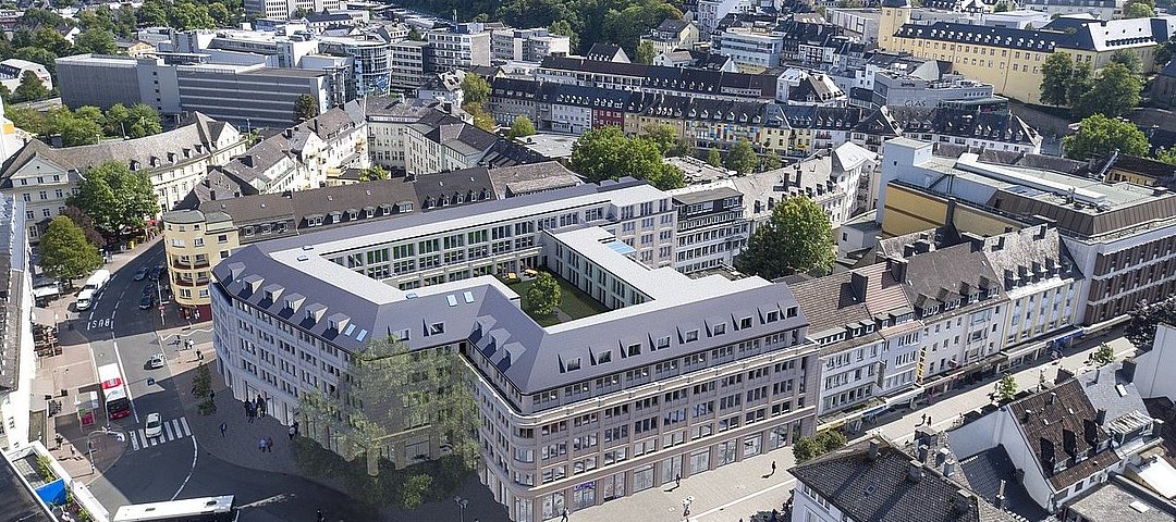 Das neue Adapt Apartments Siegen entsteht im Johann-Moritz-Quartier in Siegen. © Adapt Apartments Berlin Vogelperspektive: Das neue Adapt Apartments Siegen entsteht im Johann-Moritz-Quartier in Siegen. © Adapt Apartments Berlin