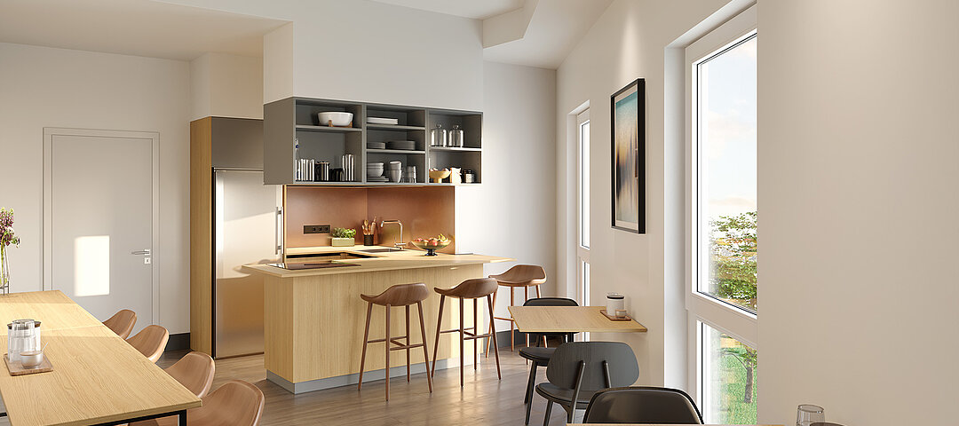 Smartments setzt mit der neuen Linie Connect nun auch auf Community-Kitchens, dies für künftig mehr Flexibilität im Short-, Mid- und Longstay. © GBI Smartments setzt mit der neuen Linie Connect nun auch auf Community-Kitchens, dies für künftig mehr Flexibilität im Short-, Mid- und Longstay. © GBI