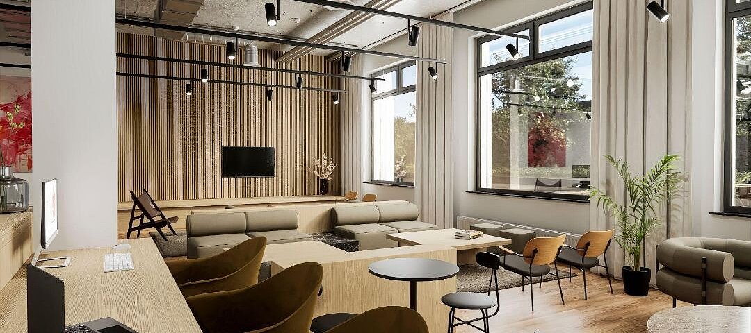 Auf jeder Etage bietet der Coliving-Anbieter für Gäste und Bewohner nutzbare Gemeinschaftsbereiche. Den größten gibt es im Erdgschoss. © Habyt